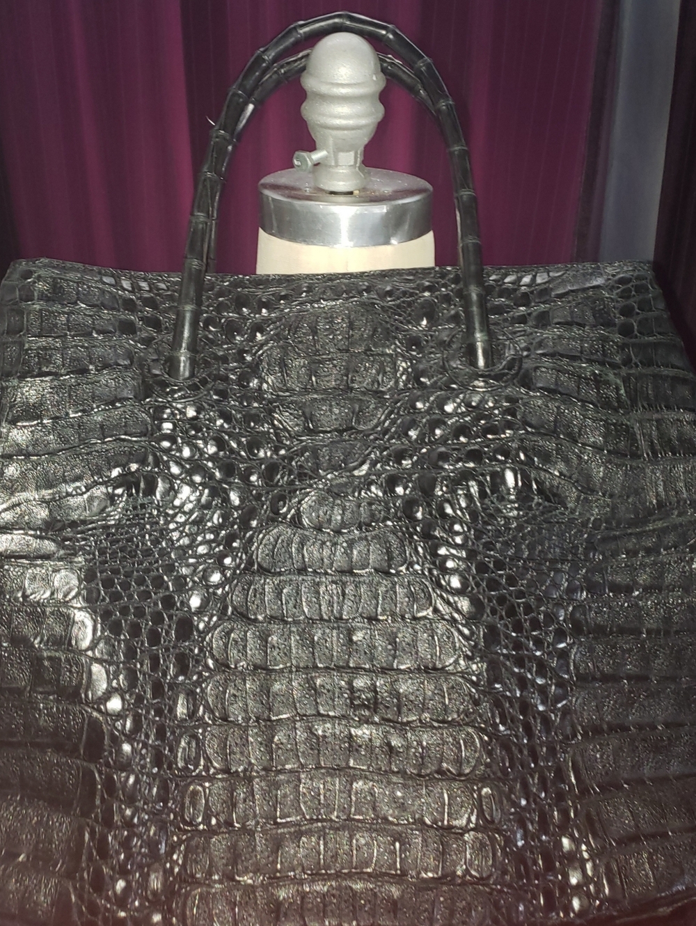 Genuine Caiman Crocodile Skin Large Black Tote Cream Suede Lining Handbag - Picture 3 of 16